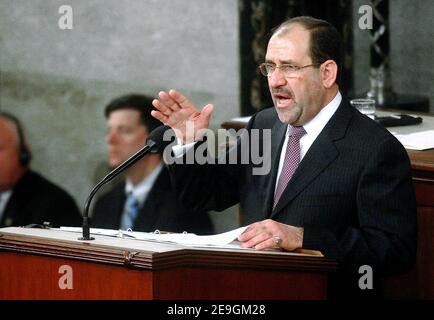 Der irakische Premierminister Nuri al-Maliki spricht am 26. Juli 2006 bei einer gemeinsamen Sitzung des US-Kongresses in Washington DC, USA. Al-Maliki verbrachte den Morgen Treffen US-Gesetzgeber im US-Kapitol. Foto von Olivier Douliery/ABACAPRESS.COM Stockfoto