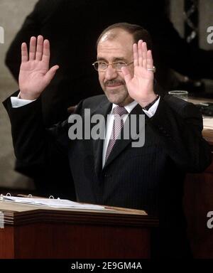 Der irakische Premierminister Nuri al-Maliki spricht am 26. Juli 2006 bei einer gemeinsamen Sitzung des US-Kongresses in Washington DC, USA. Al-Maliki verbrachte den Morgen Treffen US-Gesetzgeber im US-Kapitol. Foto von Olivier Douliery/ABACAPRESS.COM Stockfoto