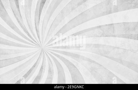 Weißes Strudel-Muster im Retro-Hintergrund-Design mit alter Grunge-Textur und monochromen Schwarz-Weiß- und Grautönen, abstrakter Vintage-Sunburst in Hippie Stockfoto