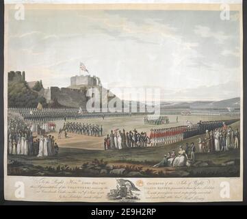 Rechts Honble Lord BOLTON GOUVERNEUR der Isle of Wight Diese Darstellung der FREIWILLIGEN, die das INSELBANNER empfangen, präsentiert von seiner Herrschaft in Carisbrook Castle am 24th. Juni 1798 ist wi Autor Wells, John 15,14.a. Erscheinungsort: [Portsea] Verlag: Erschienen im Juni 1 1799 unter der Regie von R. Livesay Ports., Erscheinungsdatum: [Juni 1 1799] Art der Publikation: 1 Print Medium: Aquatinta und Radierung mit Handkolorierung Maße: Blatt 51 x 61 Ex-Besitzer: George III, King of Great Britain, 1738-1820 Stockfoto