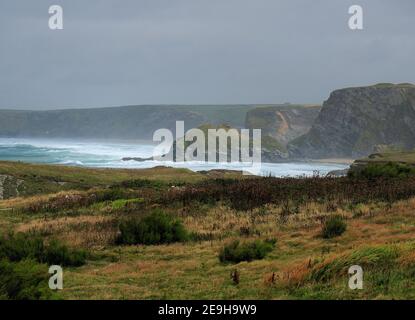 Blick Auf Die Wild Steep Coast Bei Newquay Cornwall England Mit Wildblumen im Vordergrund an EINEM sonnigen Sommertag Mit EIN paar Wolken am Himmel Stockfoto