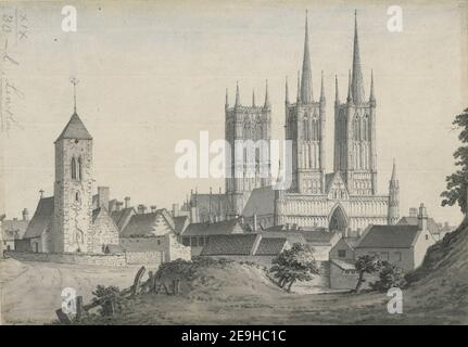 W. Blick auf die Lincoln Cathedral und die ruinierte Pfarrkirche St. Pauls vom Rand des Burggrabens. Autor Grimm, Samuel Hieronymus 19,30.l. Erscheinungsdatum: [Ca. 1784] Objekttyp: 1 Zeichnung Medium: Pen and black ink with monochrome wash Maße: Blatt 18,4 x 26,8 cm Ex-Besitzer: George III, King of Great Britain, 1738-1820 Stockfoto