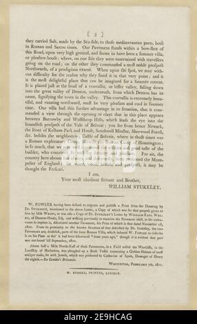 KOPIE EINES BRIEFES MIT EINER BESCHREIBUNG EINES RÖMISCHEN PFLASTERS IN DER NÄHE VON GRANTHAM, LINCOLNSHIRE GEFUNDEN. Autor Fowler, William 19,40.B. Erscheinungsort: [Winterton] Verlag: [William Fowler] Erscheinungsdatum: [Februar 7 1801] Objekttyp: 4 Seiten Medium: Buchdruck Maße: Je 35 x 20 cm ; ehemaliger Besitzer: George III, King of Great Britain, 1738-1820 Stockfoto