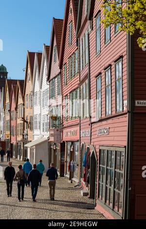 Die historischen Holzbauten von Bryggen, Bergen, Norwegen. Stockfoto