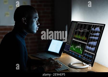 African Stock Market Analyst Trading Mit Internet-Technologie Stockfoto