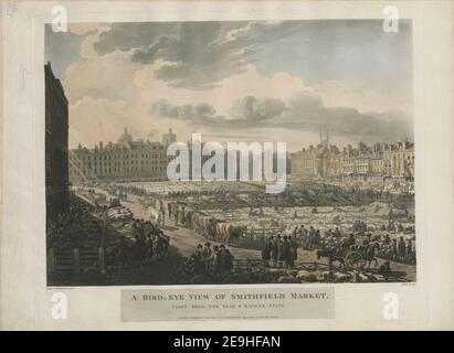 Ein BLICK AUS DER VOGELPERSPEKTIVE AUF SMITHFIELD MARKT Autor Bluck, John 22,35.B. Erscheinungsort: London Verlag: Publish'd 1st Jany 1811 at R. ACKERMANN'S Repository of Arts, 101 Strand., Erscheinungsdatum: [Januar 1 1811] Artikeltyp: 1 Print Medium: Aquatinta und Radierung mit Handkolorierung Maße: Platemark 43 x 53,2 cm, auf Blatt 45 x 61,4 cm. Ehemaliger Besitzer: George III., König von Großbritannien, 1738-1820 Stockfoto