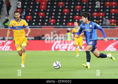 DOHA, KATAR - FEBRUAR 04: Young-woo Seol von Ulsan Hyundai während Tigres UANL gegen Ulsan Hyundai FC am 4. Februar 2021 in Doha, Katar. (Foto von Colin McPhedran/MB Media) Stockfoto