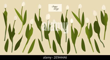 Vektor Cartoon Happy Spring Schriftzug Text auf der Karte. Isolierte, getrennte weiße Umrisstulippen auf beigem Hintergrund Stock Vektor