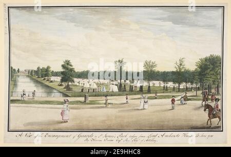 Ein Blick auf das Lager der Wachen im St. James's Park aus dem Haus der Königin am 5th. Juli 1780. Autor Davies, Thomas 26,7.d,3. Datum der Veröffentlichung: Juli 5 1780. Objekttyp: 1 Zeichnung Medium: Feder und Tinte mit Aquarell Maße: Blatt 32 x 50,7 cm ehemaliger Besitzer: George III, König von Großbritannien, 1738-1820 Stockfoto