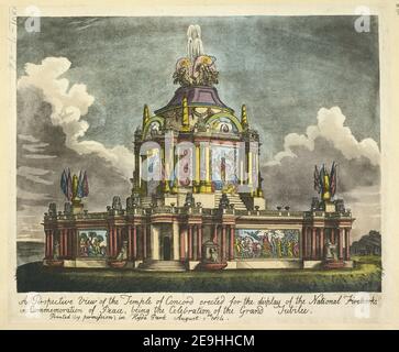 Eine perspektivische Ansicht des Tempels der Concord errichtet für die Ausstellung des nationalen Feuerwerks in Gedenken an den Frieden, wobei die Feier des Großen Jubiläums. Visual Material information: Title: A Perspective View of the Temple of Concord Errichteter Tempel für die Ausstellung des Nationalen Feuerwerks in Gedenken an den Frieden, die Feier des Großen Jubiläums. 26,7.TT. Erscheinungsort: [London] Verlag: Gedruckt (mit Genehmigung) im Hyde Park, Erscheinungsdatum: August 1st 1814. Art des Artikels: 1 Druckmedium: Aquatinta und Radierung mit Handfärbung Stockfoto