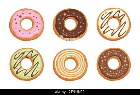 Set von Cartoon bunte Donuts auf weißem Hintergrund isoliert. Top View Donuts Kollektion in Glasur für Menü-Design, Café-Dekoration, Lieferbox Stock Vektor