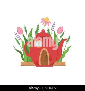 Kleines Haus aus roter Teekanne, märchenhaftes Fantasiehaus für Gnom, Zwerg oder Elf Vektor Illustration auf weißem Hintergrund. Frühling Stock Vektor