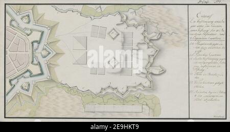 Entwurf zu verschiffung eines lagers unter ten kanonen einer vestung fur 10 Batallions infantiere und 8 esquadron cavallerie. Karteninformation: Titel: Entwurf zu verschanzung eines lagers unter ten canonen einer vestung fur 10 batallions infantiere und 8 esquadron cavallerie. British Library-Signatur: Maps K.Top 124.supp.fol,90. Erscheinungsort: [Hannover?]: Verlag: C. Schadler, Erscheinungsdatum: [ca,1792]. Objekttyp: 1 Karte Medium: Hand col. Abmessungen: 23 x 44 cm. Ehemaliger Besitzer: George III., König von Großbritannien, 1738-1820 Stockfoto