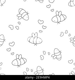 Nahtlose Wiederholung Umrissmuster für Malbuch. Weiß schwarz isoliert Bienen sind in der Liebe mit Herzen in der Nähe ihrer Köpfe sind in keinem bestimmten o angeordnet Stock Vektor