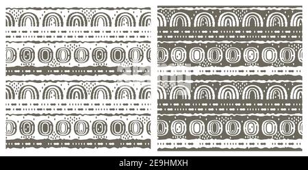 Satz aus zwei gleichen nahtlosen Mustern. Ovale, Halbkreise, Regenbögen, Linien, Punkte, Kreise und andere Formen. Rauhe, geschwungene graue und weiße Linien, handgezeichnet Stock Vektor