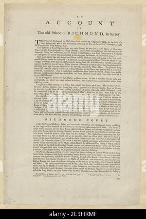 Eine Beschreibung des alten Palastes von Richmond. Karteninformationen: Titel: Eine Beschreibung des Alten Palastes von Richmond. 41,19.a. Ehemaliger Besitzer: George III., König von Großbritannien, 1738-1820 Stockfoto