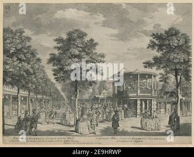 VAUXHALL GÄRTEN, zeigt den Grand Walk, am Eingang des Gartens, und das Orchester, mit dem Musick spielen. = La Grande AlleÃÅe a l'entreÃÅe des JARDINS de VAUXHALL, L'Orchestra, et des Musisiens. Autor Miller, John 41,27.B. Erscheinungsort: [London] Verlag: Gedruckt für John Bowles, At the Black Horse in Cornhil. Veröffentlicht nach Gesetz des Parlaments Nov. 25., Veröffentlichungsdatum: 1751. Art des Artikels: 1 Druck Medium: Radierung Abmessungen: Blatt 33,3 x 44,1 cm [im Plattenmark beschnitten]. Ehemaliger Besitzer: George III., König von Großbritannien, 1738 Stockfoto