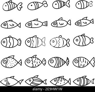 Verschiedene Fischarten, Illustration, Vektor auf weißem Hintergrund. Stock Vektor