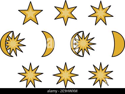 Mond- und Sternphasen, Illustration, Vektor auf weißem Hintergrund. Stock Vektor