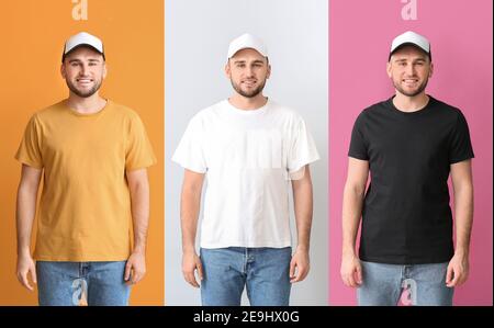 Collage von jungen Mann in stylischen T-Shirts und Caps Stockfoto