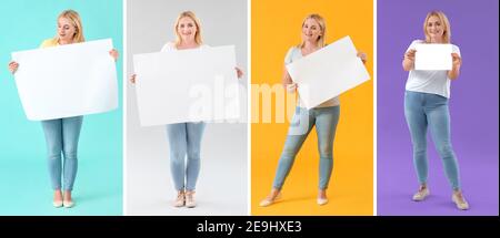 Collage von schönen Frau mit leerem Poster auf farbigem Hintergrund Stockfoto