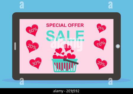 Digitales Tablet mit Elementen zum Valentinstag. Bildschirm mit einem Text Sonderangebot Verkauf und Korb mit roten Herzen Stock Vektor