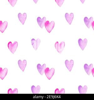 Valentinstag Aquarell nahtlose Muster mit rosa und lila Herzen. Festlich-romantisches Dessin. Perfekt zum Einwickeln von Papier, Karten, Covern, Textilien Stockfoto