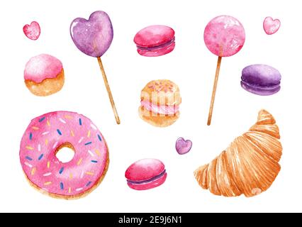 Aquarell Set mit Süßigkeiten. Donut mit Streuseln, rosa und lila Lutscher und Makronen, Erdbeer-Profiterolen, Croissant, Süßigkeiten. Stockfoto