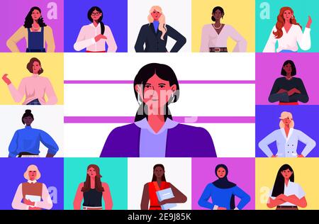 Geschäftsleute in Web-Browser-Fenstern diskutieren während der Unternehmens-Online-Konferenz Mix Rennen Business Frauen Team mit Gruppe Video-Anruf horizontal Vektordarstellung im Hochformat Stock Vektor