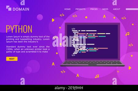 Programmcode auf dem Laptop-Bildschirm. Landing Page Design. Laptop mit einem Code Computer Sprache Python. Vektorgrafik auf ultraviolettem Hintergrund. Stock Vektor