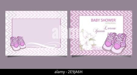 Postkarte Baby Dusche Karte mit Mädchen Hausschuhe Stock Vektor