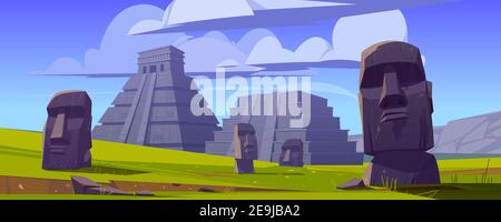 Moai Statuen und Pyramiden, republik Chile reisen berühmte Wahrzeichen Steinköpfe auf dem grünen Feld der Osterinsel oder Rapa Nui, Symbol der Südamerika Archäologie Denkmal Cartoon Vektor Illustration Stock Vektor