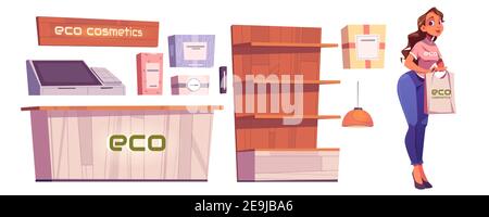 Eco Kosmetik Shop Möbel und Frau Verkäufer isoliert auf weißem Hintergrund. Vector Cartoon-Set von Beauty-Shop-Interieur mit Holztheke, Cashbox, natürliche Hautpflege-Produkte in Boxen und Vitrine Stock Vektor