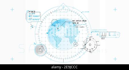 Design einer futuristischen Software-Schnittstelle zur Verfolgung eines Objekts auf dem Planeten. Stock Vektor