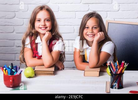 Zurück zur Schule und zu Hause Schulbildung. Glückliche Schulkinder bei der Lektion. Freundschaft der kleinen Schwestern im Klassenzimmer am Tag des Wissens. Schulzeit der Mädchen. Stockfoto