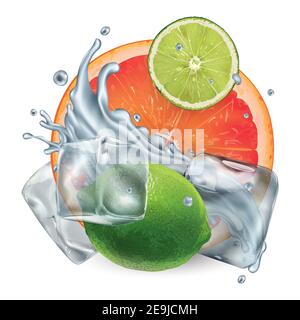 Grapefruit und Limette mit Eiswürfeln und Wasserspritzer Stockfoto
