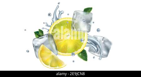 Zitronenscheiben, Minzblätter und Eiswürfel mit Wasserspritzer Stockfoto
