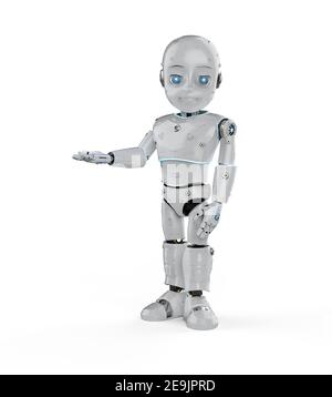 3D Rendering niedlichen Roboter oder künstliche Intelligenz Roboter mit Zeichentrickfigur Hand öffnen Stockfoto