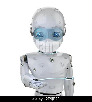 3D Rendering niedlichen Roboter oder künstliche Intelligenz Roboter mit Zeichentrickfigur Hand öffnen Stockfoto