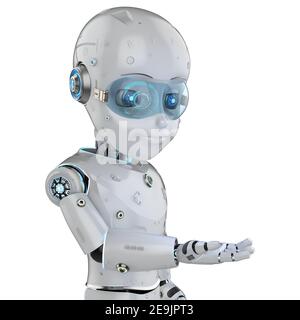 3D Rendering niedlichen Roboter oder künstliche Intelligenz Roboter mit Zeichentrickfigur Hand öffnen Stockfoto