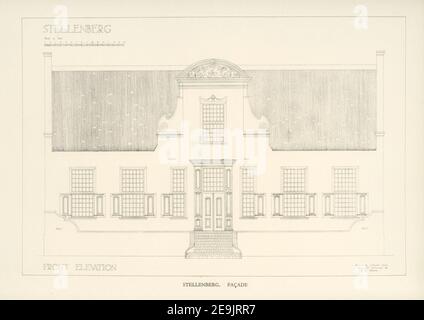 Stellenberg Architekturplan aus dem Buch "achtzehnten Jahrhundert Architektur in Südafrika" von Geoffrey Eastcott Pearse. Herausgegeben von A.A. Balkema, Kapstadt 1933 war G. E. Pearse einer der ersten, die Kaparchitektur auf wissenschaftliche Weise einem breiten Publikum zugänglich machte. Achtzehnten Jahrhundert Architektur in Südafrika war das Ergebnis langjähriger Forschung zu dem Thema und bleibt ein wichtiges Nachschlagewerk für das Thema. Stockfoto