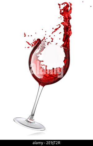 Glas mit Rotwein und Flüssigkeitsspritzen isoliert auf weißem Hintergrund. Stockfoto