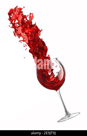 Glas mit Rotwein und Flüssigkeitsspritzen isoliert auf weißem Hintergrund. Stockfoto
