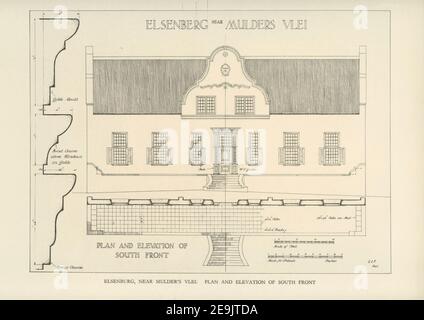 Elsenburg in der Nähe von Mulders Vlei South Front aus dem Buch "achtzehnten Jahrhundert Architektur in Südafrika" von Geoffrey Eastcott Pearse. Herausgegeben von A.A. Balkema, Kapstadt 1933 war G. E. Pearse einer der ersten, die Kaparchitektur auf wissenschaftliche Weise einem breiten Publikum zugänglich machte. Achtzehnten Jahrhundert Architektur in Südafrika war das Ergebnis langjähriger Forschung zu dem Thema und bleibt ein wichtiges Nachschlagewerk für das Thema. Stockfoto