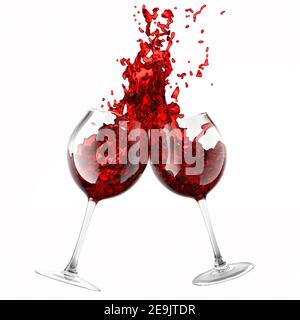 Paar Gläser mit Rotwein und Spritzer Flüssigkeit isoliert auf weiß. Stockfoto