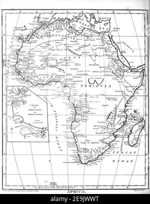 Afrika-Karte des 19. Jahrhunderts Kupferstich aus der Encyclopaedia Londinensis oder, Universelles Wörterbuch der Künste, Wissenschaften und Literatur; Band I; herausgegeben von Wilkes, John. Veröffentlicht 1810 in London Stockfoto