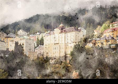 Bad Gastein, Bundesland Salzburg, Österreich. Belle Époque Kurort in den Hohen Tauern der österreichischen Alpen. Aquarellillustration. Stockfoto