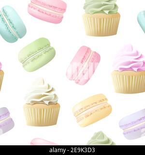 Köstliche Makronen und Kuchen nahtlose Muster. Süße Mandel französisch Kuchen Macaron. Blau, rosa, gelb, lila Stock Vektor