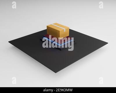 3D redner von automatischen Sortier- und Lieferpaketen in Dunkelhäusern. Moderne Schifffahrt. AI Versand Post. Isolierte isometrische Einheit Stockfoto