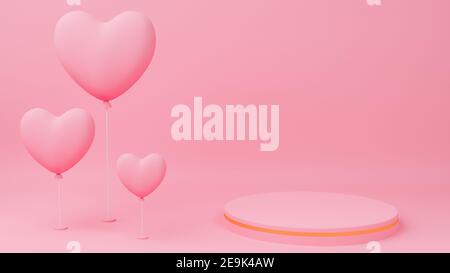 Valentinstag-Konzept. Circle Podium rosa Pastellfarbe mit Goldrand, Pink Heart Ballon. 3D Darstellung der Grafik Stockfoto